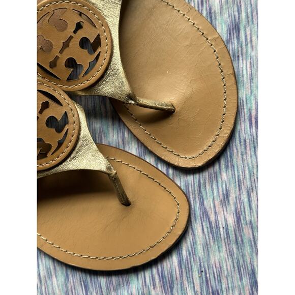 Tory Burch Louisa Metallic Gold Brown Leather Thong Sandals Slides Size 9 - Picture 5 of 7